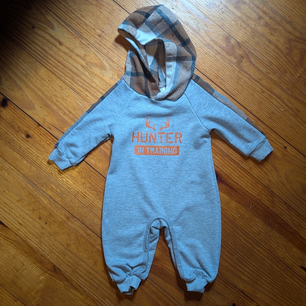 Hunter in Training Gray and Orange Baby Romper